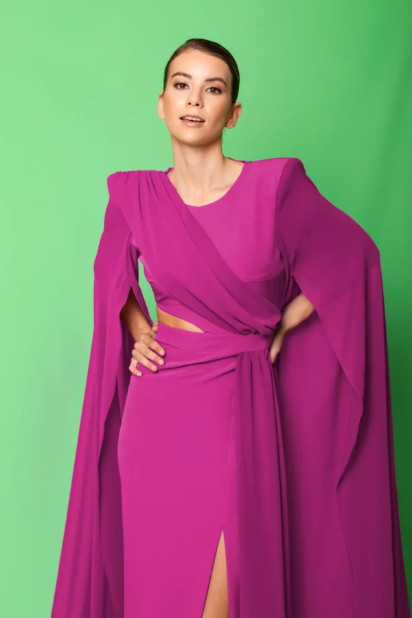 Vestido largo detalle cruzado escote y mangas gasa largas buganvilla - Imagen 2