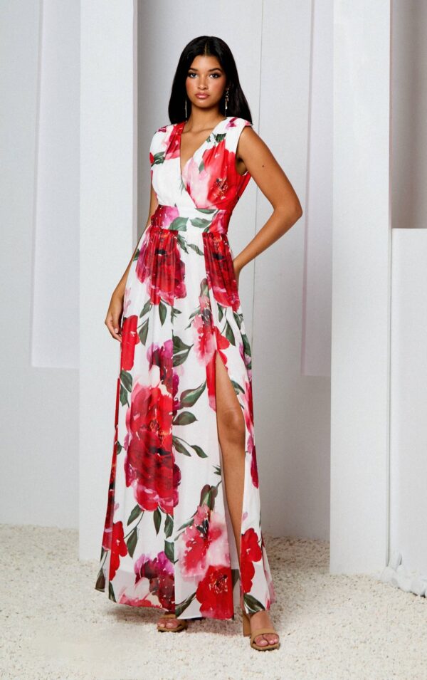 Vestido largo gasa estampado floral rojo y blanco