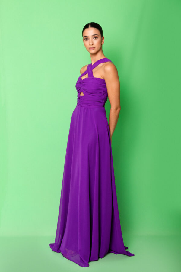 Vestido largo tul tirantes cruzados y abertura morado - Imagen 4