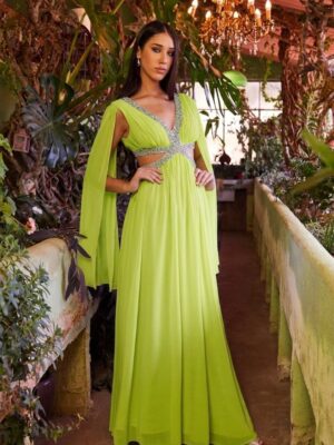 Vestido largo gasa detalles pedrería pistacho