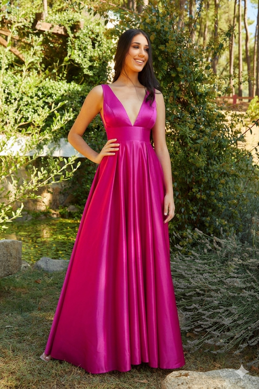 Vestido largo raso falda vuelo fucsia