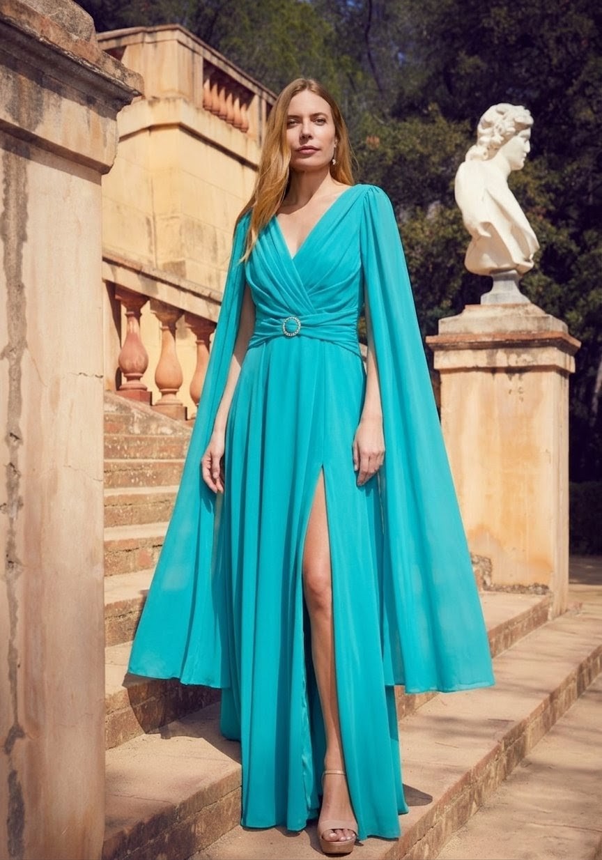 Vestido largo gasa mangas tipo capa detalle hebilla