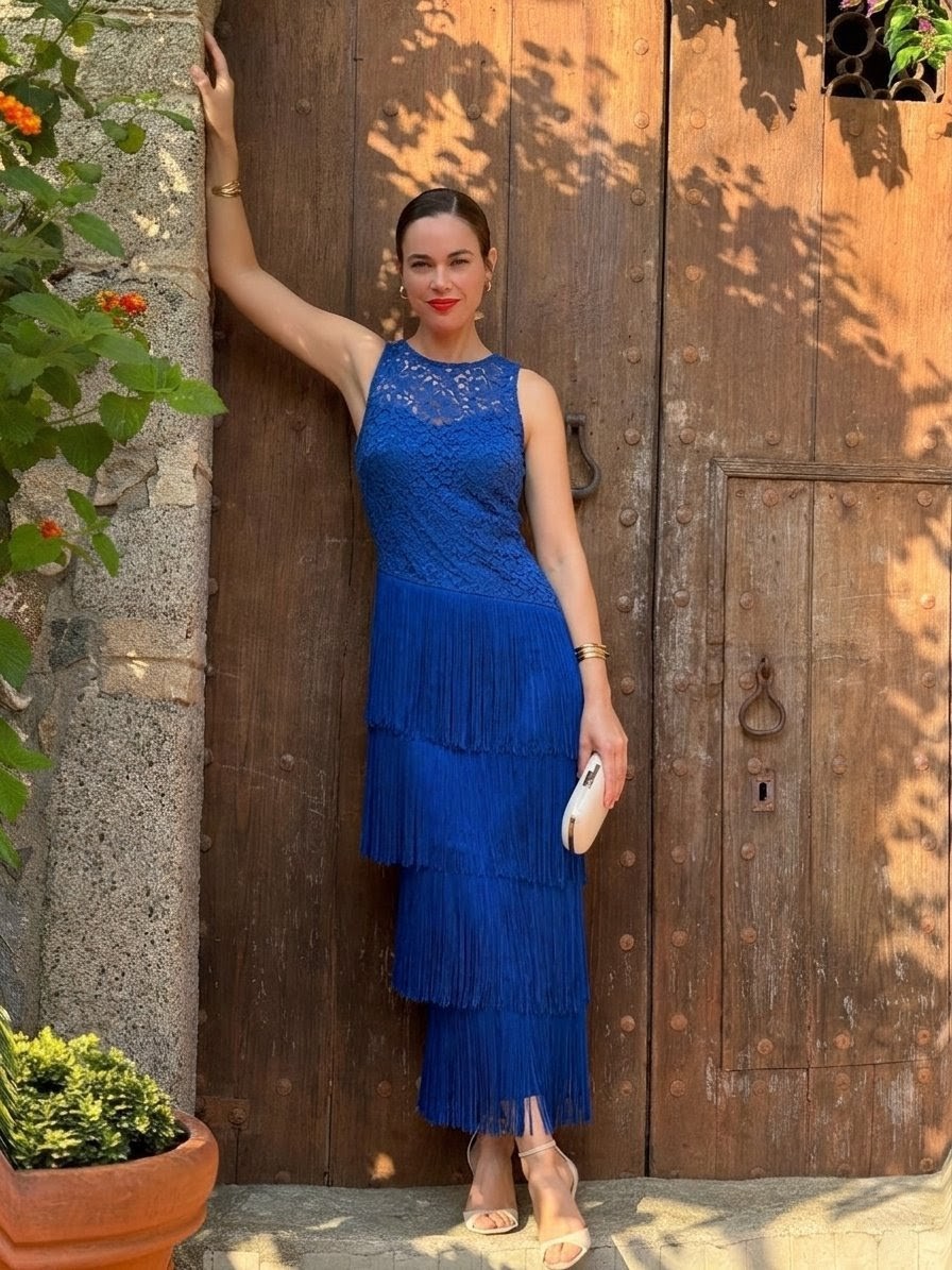Vestido combinado encaje y falda flecos - Imagen 4