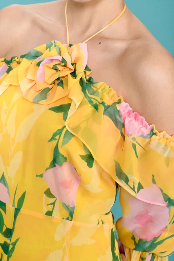 Vestido gasa hombros caidos largo estampado floral - Imagen 5