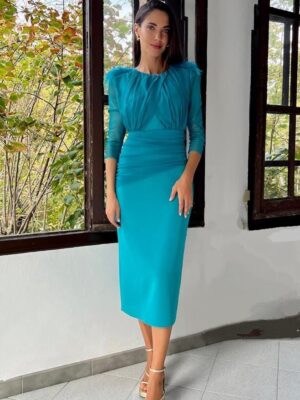 Vestido combinado cuerpo tul detalle plumas cuello redondo
