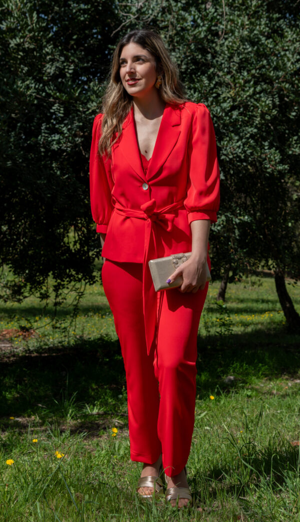 Conjunto chaqueta y pantalón mangas abullonadas y lazo - Imagen 2