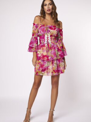 Vestido corto gasa mangas caídas estampado floral