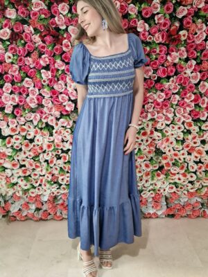 Vestido largo cuerpo goma cenefa rombos