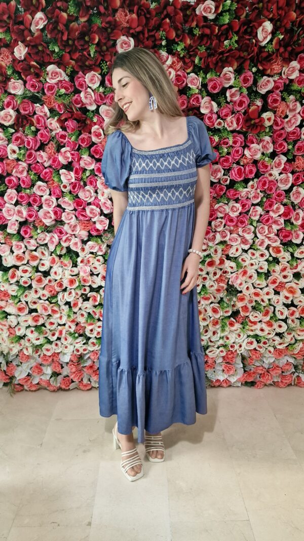 Vestido largo cuerpo goma cenefa rombos
