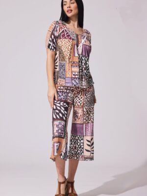 Conjunto blusa y pantalón estampado patchwork tonos tierra