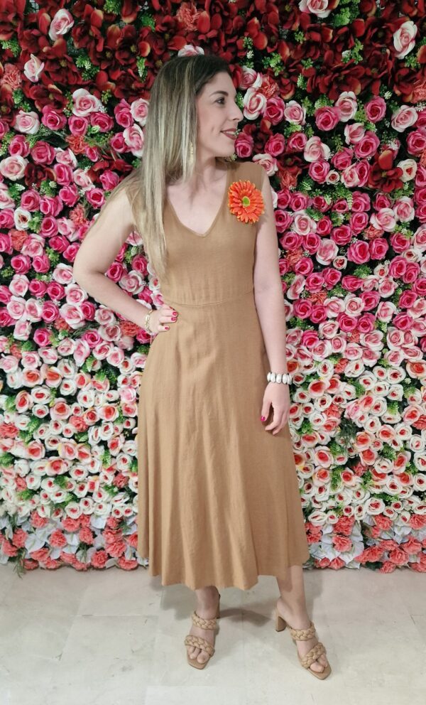 Vestido lino tirantes camel - Imagen 2