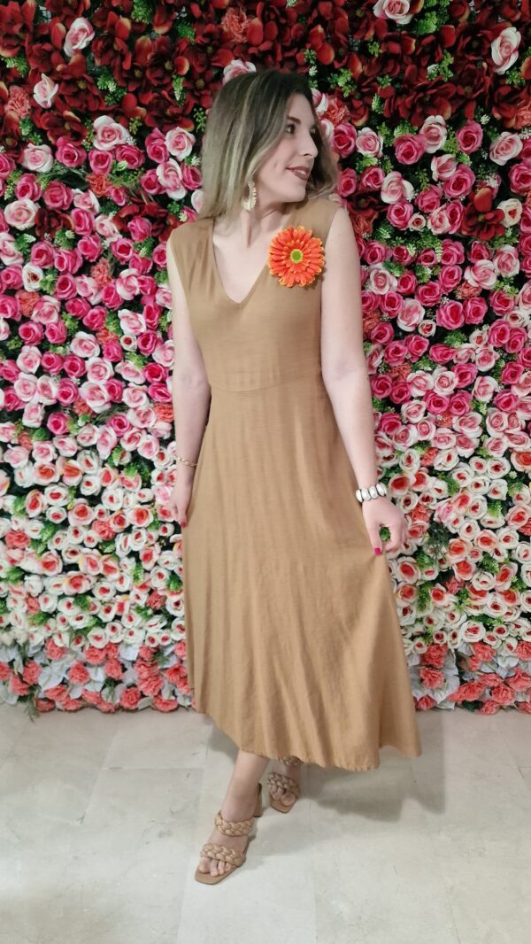 Vestido lino tirantes camel - Imagen 4