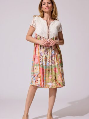 Vestido combinado estampado floral y crochet