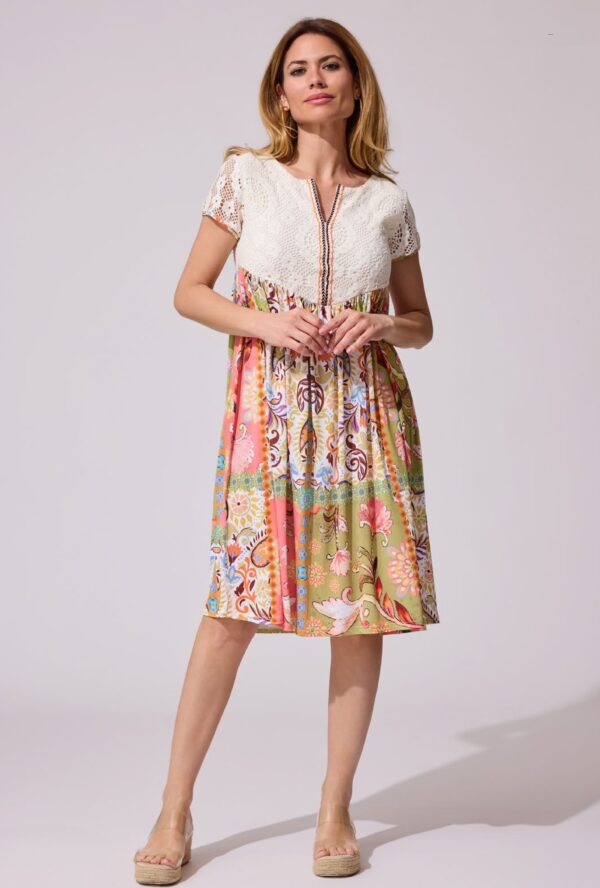 Vestido combinado estampado floral y crochet