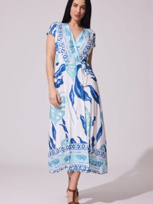 Vestido estampado hojas azul cruzado midi