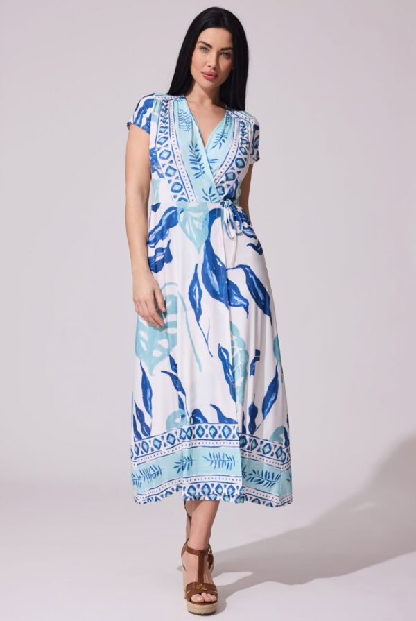 Vestido estampado hojas azul cruzado midi
