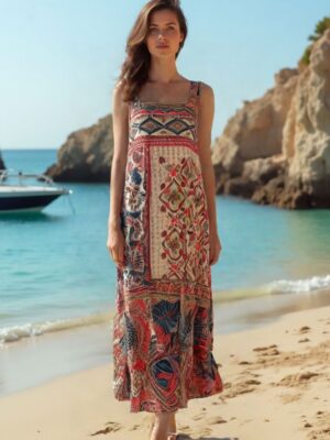 Vestido estampado étnico midi tirantes con bolsillos