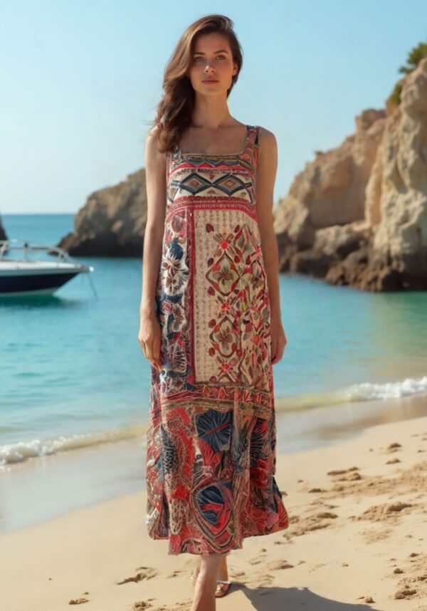 Vestido estampado étnico midi tirantes con bolsillos