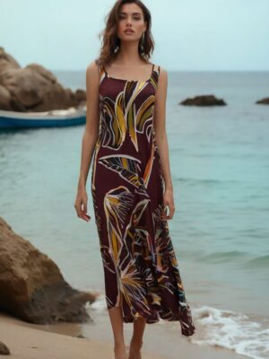 Vestido estampado hojas marrón midi tirantes