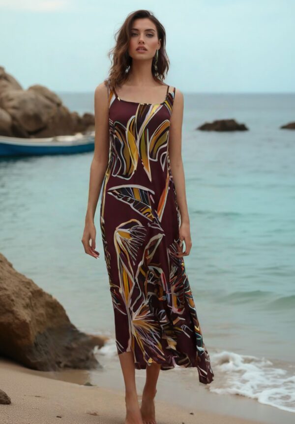 Vestido estampado hojas marrón midi tirantes