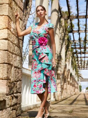 Vestido estampado floral detalle flor cascada