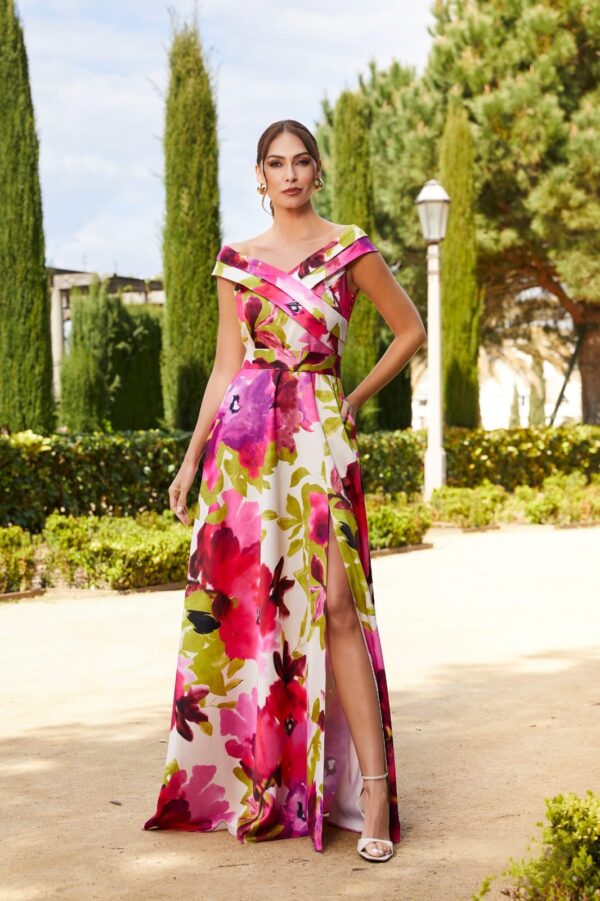 Vestido largo raso escote bardot cruzado estampado floral