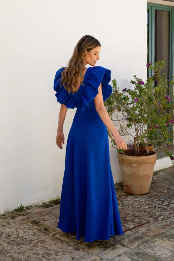 Vestido largo volantes tirantes abertura pierna azulón - Imagen 2