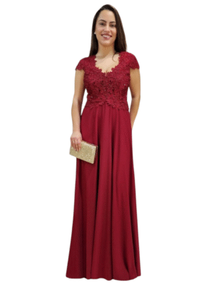 Vestido largo cuerpo encaje y pedrería manga corta burdeos