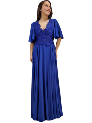 Vestido largo cuerpo encaje y pedreria mangas y falda vuelo