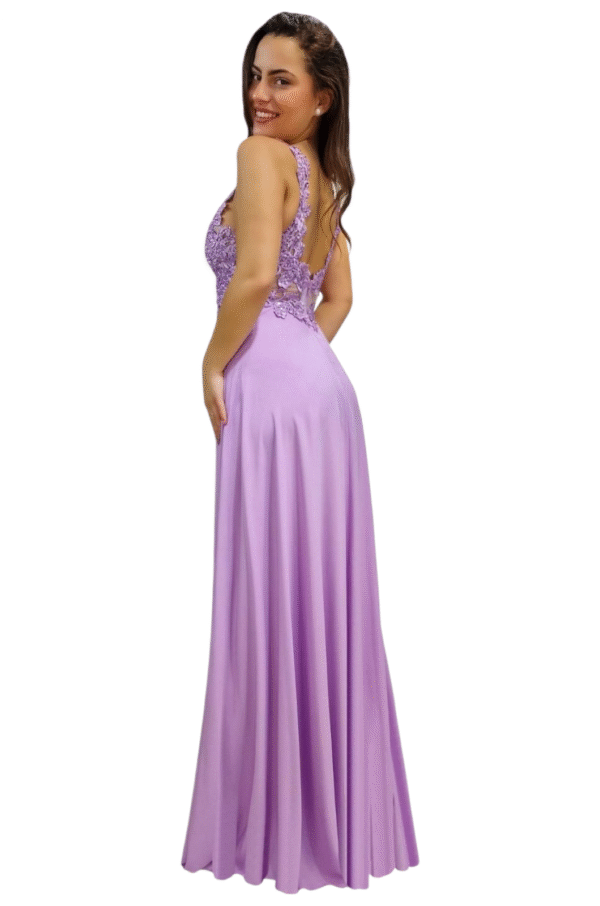 Vestido largo cuerpo encaje con pedrería tirantes y escote V malva - Imagen 2