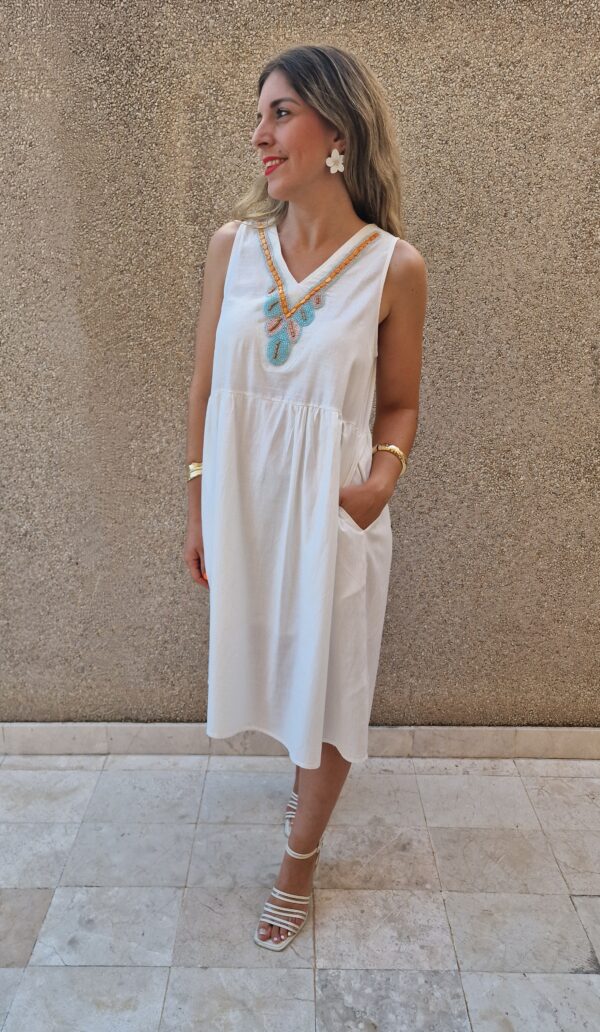 Vestido corto detalle pedreria cuello con bolsillos - Imagen 3