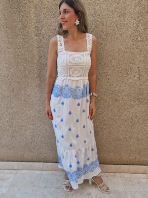 Vestido combinado crochet y bordados largo