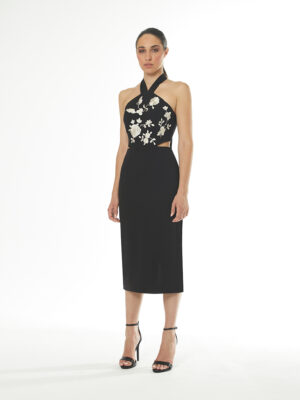 Vestido detalle flores corpiño atado al cuello naranja y crudo