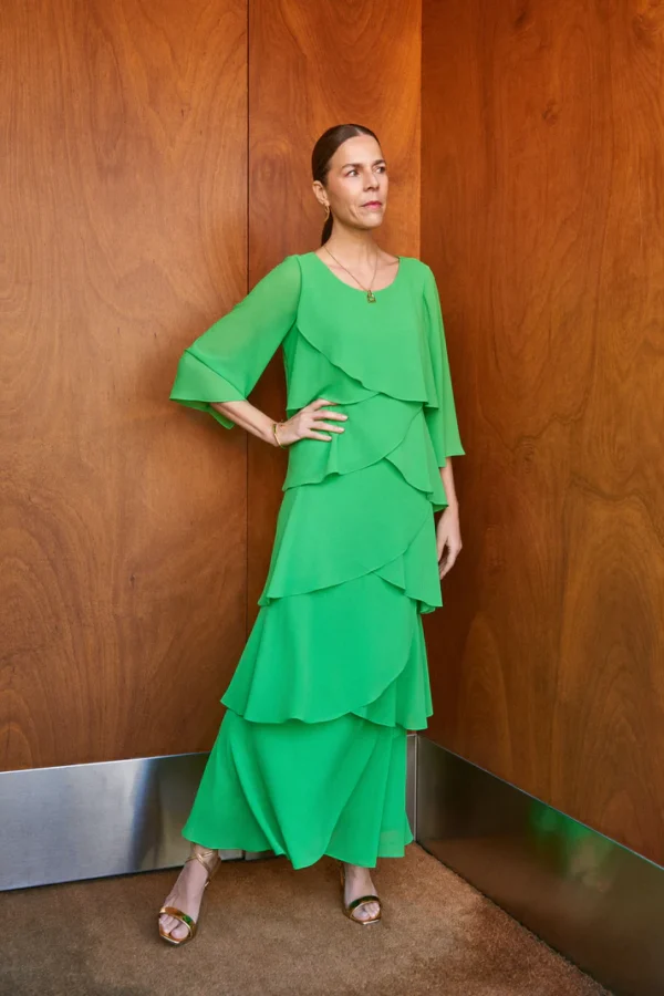 Vestido gasa largo volantes cruzados