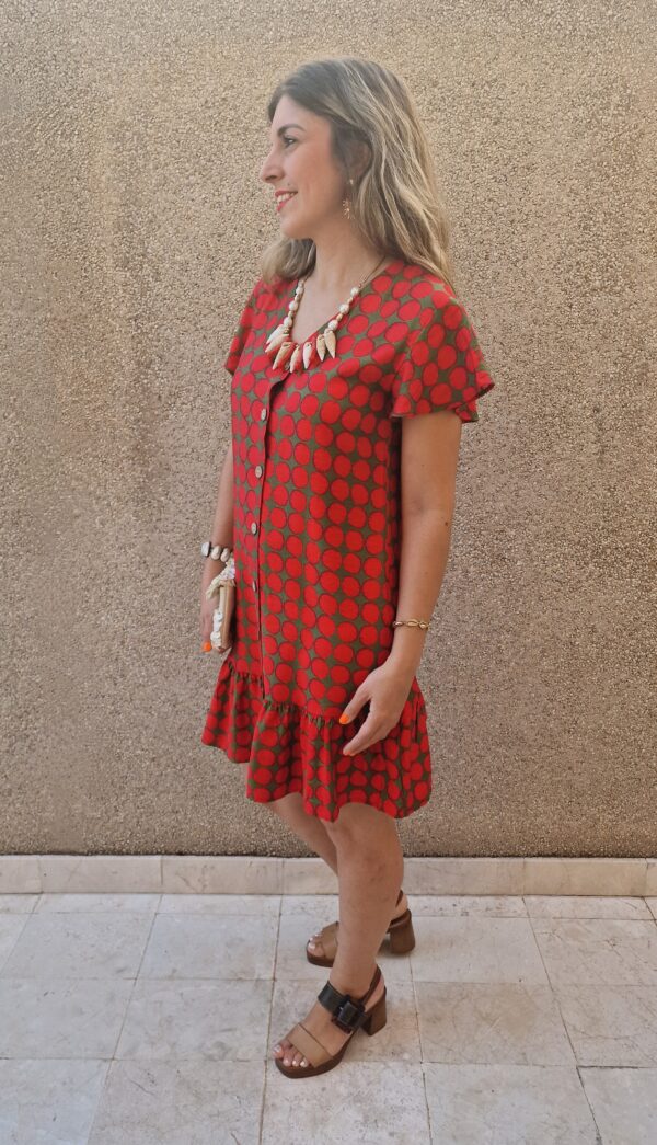 Vestido estampado círculos rojo y verde corto - Imagen 3