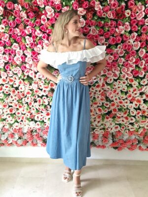 Vestido vaquero escote barco detalle gasa blanca