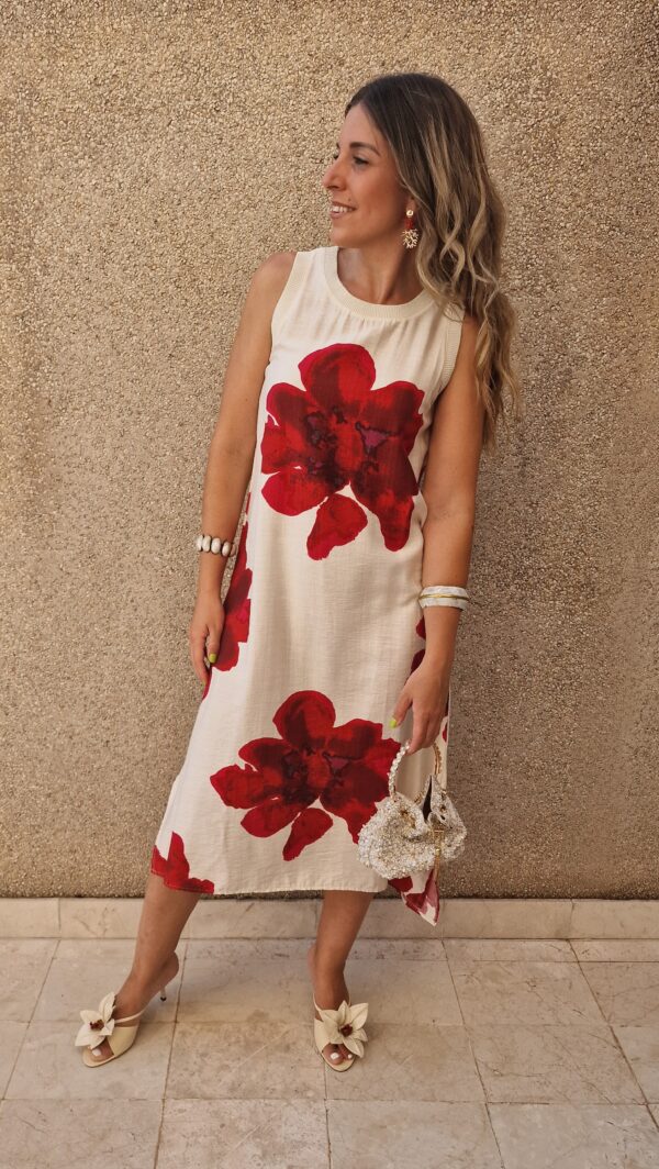 Vestido estampado flores rojas midi - Imagen 2