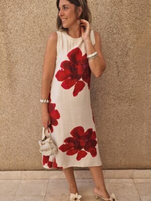 Vestido estampado flores rojas midi