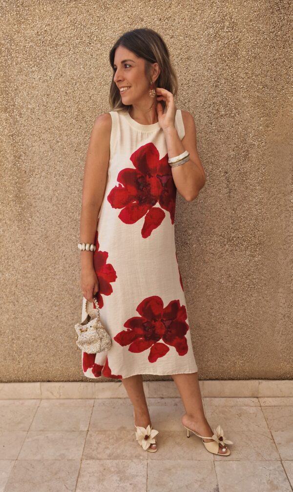 Vestido estampado flores rojas midi
