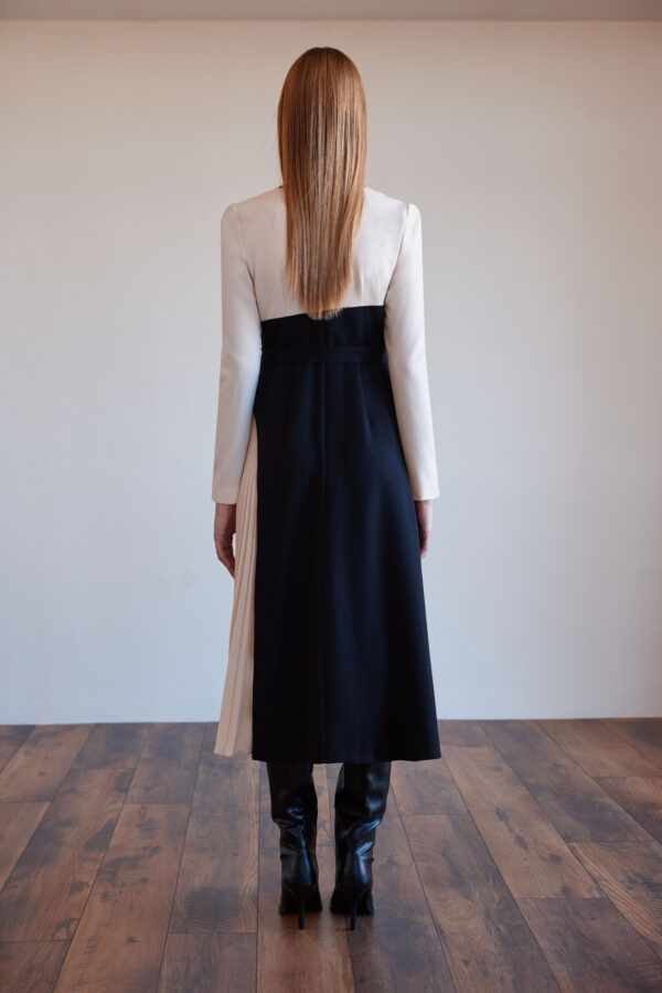 Vestido asimétrico falda tablas beige y negro - Imagen 3