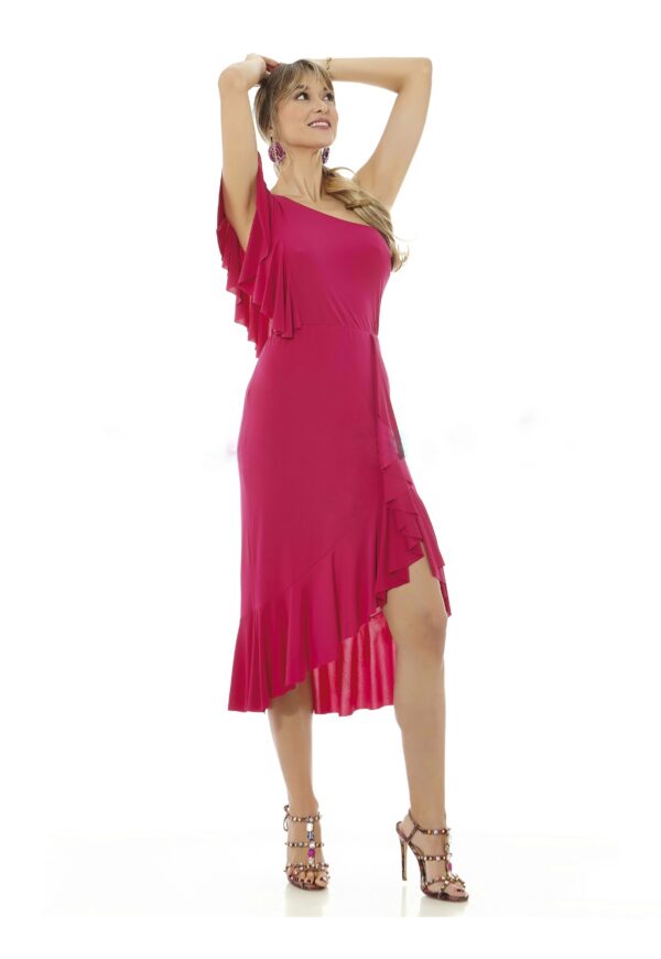 Vestido punto asimétrico volantes hombro y falda