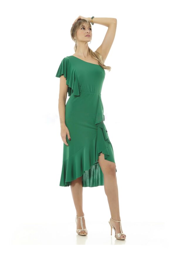 Vestido punto asimétrico volantes hombro y falda - Imagen 2