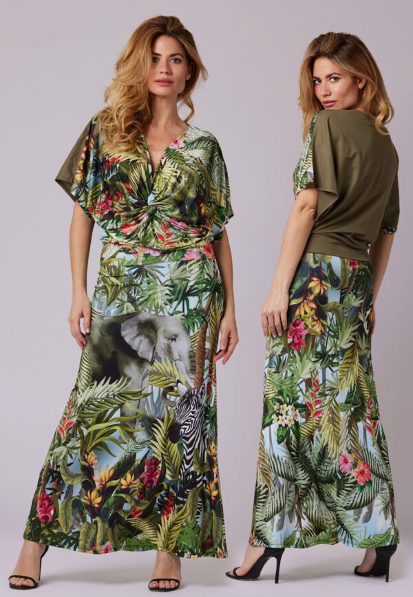 Conjunto blusa y falda estampado selva