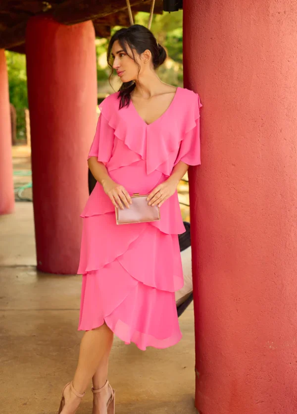 Vestido gasa corto volantes cruzados escote volantes rosa - Imagen 2