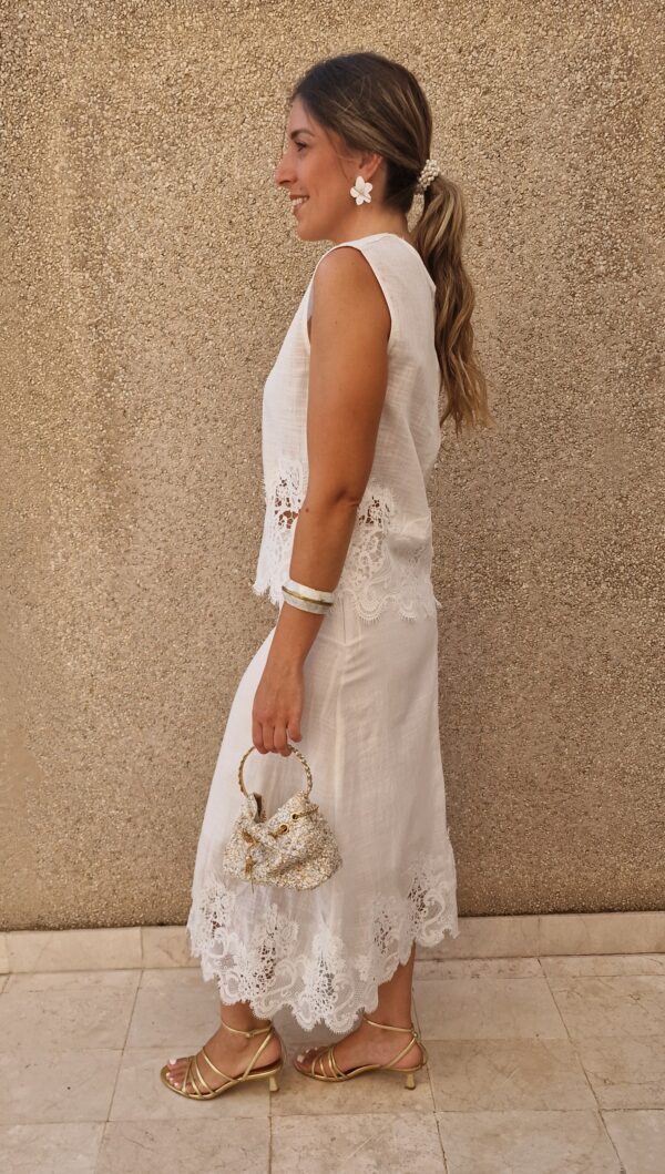 Conjunto top y falda combinado encaje y lino blanco - Imagen 4