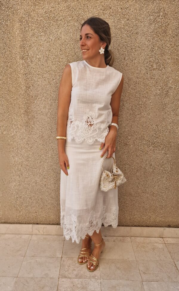 Conjunto top y falda combinado encaje y lino blanco - Imagen 2