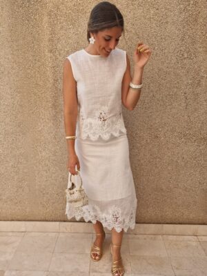 Conjunto top y falda combinado encaje y lino blanco