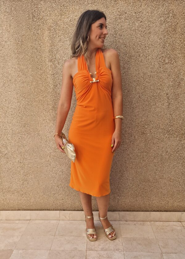 Vestido atado al cuello detalle hebilla escote naranja - Imagen 2
