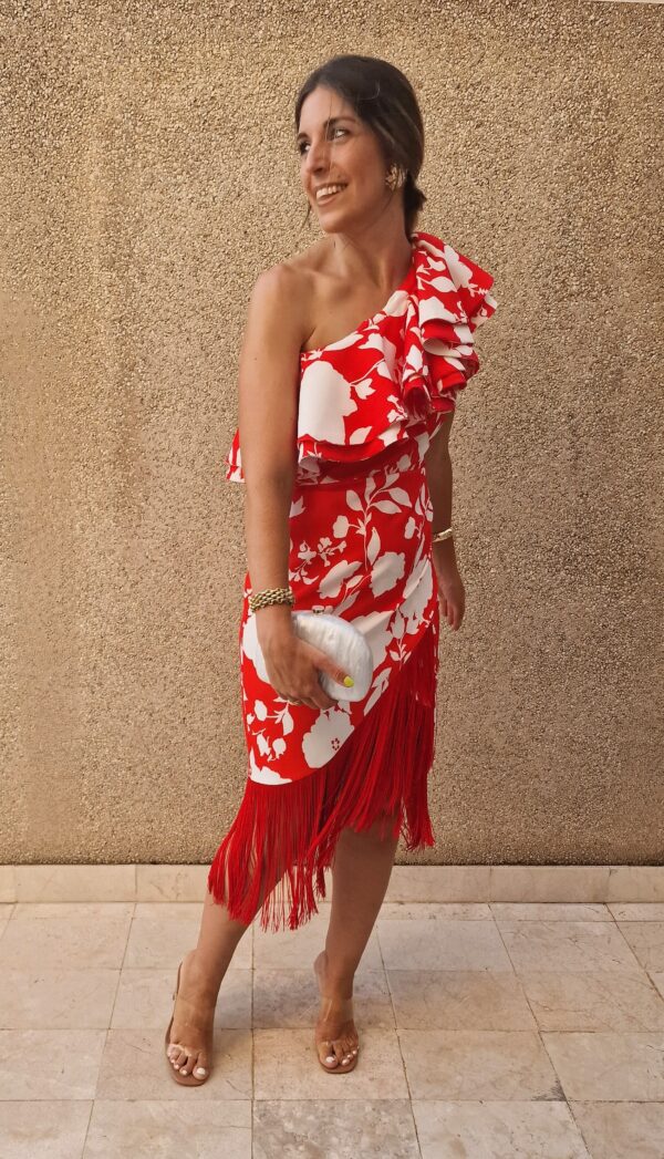 Vestido flecos estampado floral rojo - Imagen 3