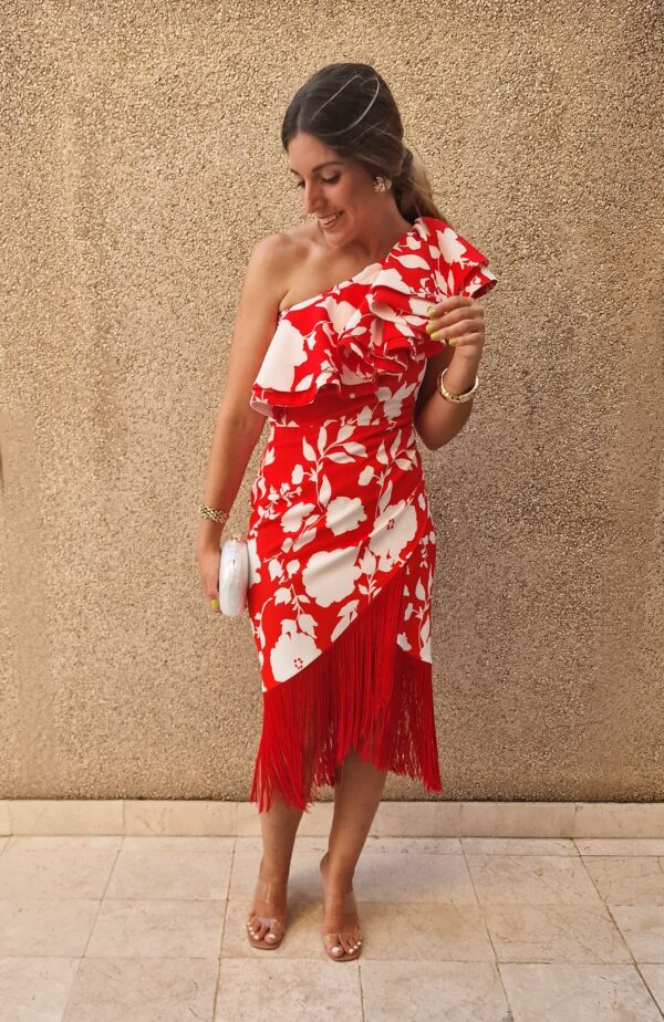 Vestido flecos estampado floral rojo - Imagen 2